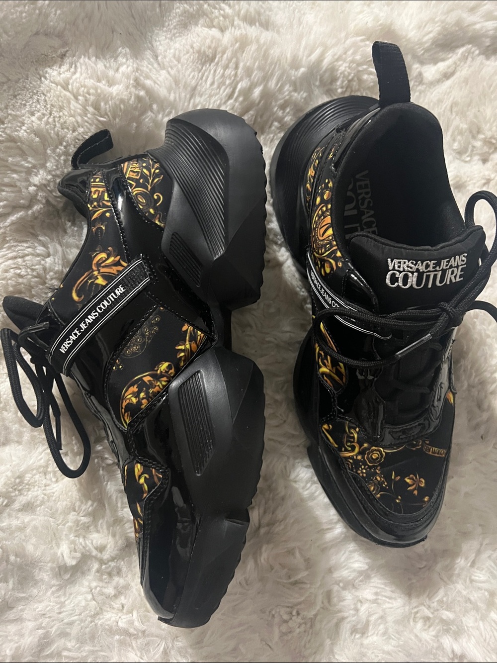 Versace Jeans Collection  Black & Gold Baroque Platform Sneakers